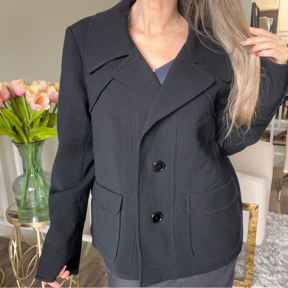 Lida Baday Black Wool Double Breasted Collared Mid Length Jacket Coat Peacoat 14